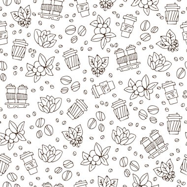 Vektör el kahve fincanı ve yapraklı kahve çekirdekleri çiziyor. Kahve pürüzsüz desenleri, beyaz arka planda kağıt kahve fincanları, eskiz desenli arka plan, pürüzsüz kahve deseni.