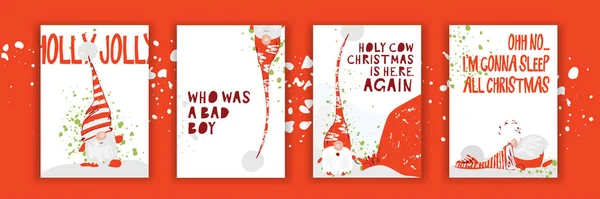 Handgezeichnete Weihnachtsgeschenk- und Einladungskarten-Kollektion mit weihnachtlichem Charakter - Gnom mit rotem Hut, handgeschriebenem Schriftzug und künstlerischen Farbtupfern. Set von lustigen Winterurlaub frohes neues Jahr Karte — Stockvektor