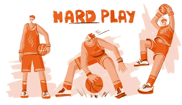 Vector collection of lined doodle and hand draw illustration of basketball players. Man playing in basketball, throwing a ball into basket, playing with ball and standing stright. Professional — Stock Vector