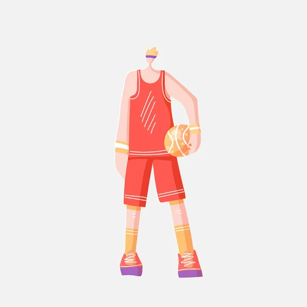 Vector flat illustration of sportsman in sport red orange uniform, standing with basketball ball, isolated on white background. Professional basketball player illustration, modern flat style — Stock Vector