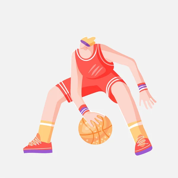 Vector flat colored sketch illustration of professional basketball player, playing with basketball ball in dynamic pose, isolated on white. Modern vector illustration of professional basket ball — Stock Vector