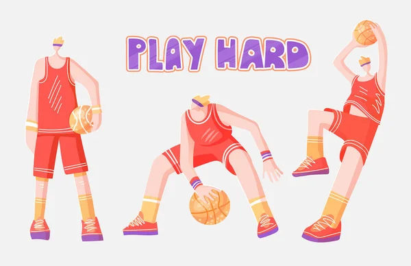 Vector flat collection of basketball players. Man playing in basketball, throwing a ball into basket, playing with ball and standing stright, dynamic active sport and basketballs. Professional — Stock Vector