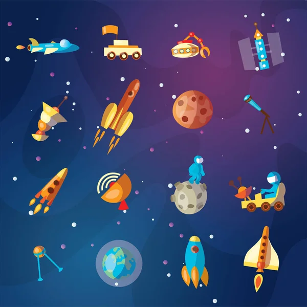 Niedlichen Cartoon-Weltraumforscher, Astronomie-Wissenschaft und Ufo-Vektor-Set. Mond-Rover, Raketen, Weltraumschaf und Shuttle, Außerirdische. Weltraumausrüstung, Raketen und Shuttles für Kinder — Stockvektor