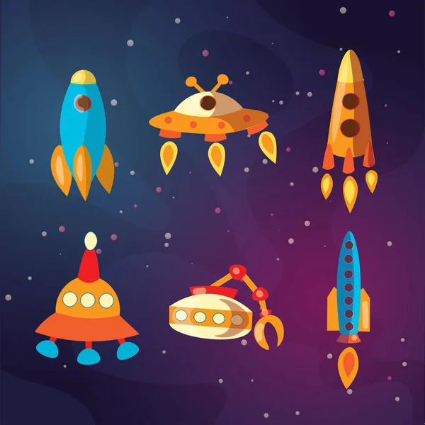 Cute cartoon space explorer, astronomy science and UFO vector set. Lunar rover, rockets, space sheeps and shuttle, aliens. Space equipment, rockets and shuttles collection for kids — Stock Vector