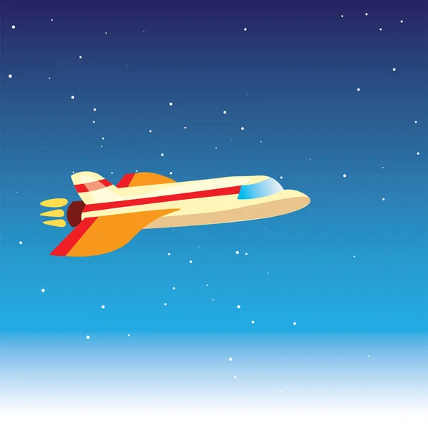 Dibujos animados lindo vector ilustración de plano en estratosfera azul, atmósfera, casi en el espacio. Avión volando en un cielo, avión turbo, chorro en estratosfera, ilustración vectorial — Vector de stock