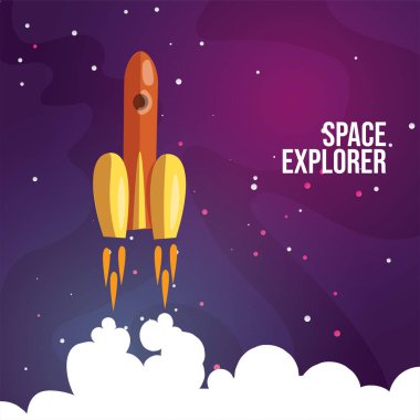 Uzayda uçan roketin vektör çizimi. Explorer, marş, yeni bir başlangıç ve piyasa konsepti üzerine yeni bir iş ürünü tanıtımı. Boşluk, iş, eğitim kavramı