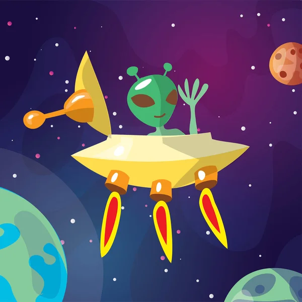 Niedliche Cartoon-Illustration von Ufos und Aliens Raumschiff Landung auf der Erde oder Exoplaneten. niedlichen Außerirdischen in Raumschiff-Crew von kleinen grünen Männern lustige Cartoon-Figur — Stockvektor