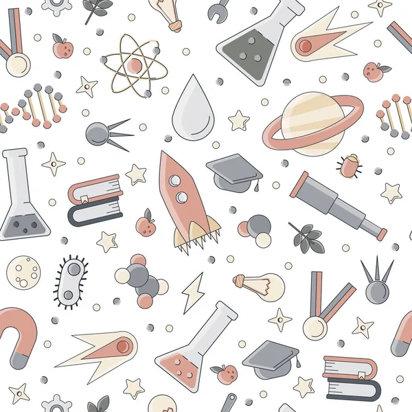 Wissenschaft flache nahtlose Muster mit wissenschaftlichen Elementen - Molekül, Atomstruktur, Rakete, Bücher, Wasser und andere auf einem einfachen Bildungs- und Schule nahtlose Muster. — Stockvektor