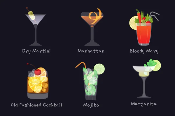 İçki seti - mojito, Manhattan kokteyli, Bloody Mary, eski moda ve siyah arka planda izole edilmiş sek martinili Margarita kokteylleri. — Stok Vektör