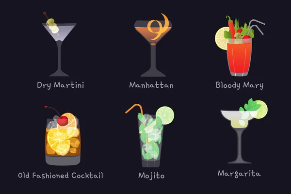 一组病媒酒精酒吧饮料- -莫吉托、曼哈顿鸡尾酒、血腥玛丽、老式和玛嘉莉塔鸡尾酒配干马丁尼，与黑色背景隔离 — 图库矢量图片