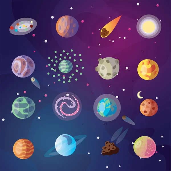 Leuke vector cartoon collectie van fantasie planeten, maan, satellieten en fantastische ruimte-objecten op kosmos achtergrond met sterrenhemel. Gekleurde fantasieplaneten met satellieten. Grappige cartoon stijl. — Stockvector