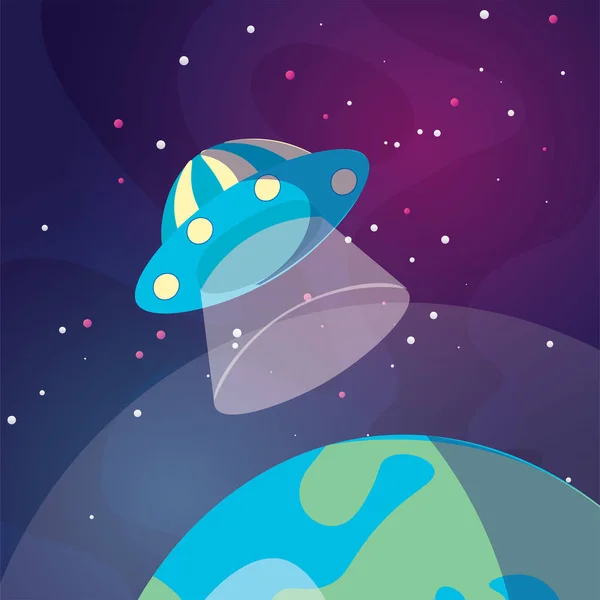 Linda ilustración de dibujos animados de la nave espacial OVNI aterrizando en la Tierra o el planeta Exo. Ilustración de platillo volador sobre fondo de espacio profundo. Aterrizando en un planeta OVNI bajo estrellas . — Vector de stock