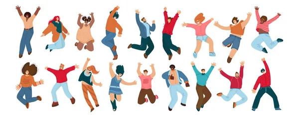 Grupo de pessoas felizes pulando em um fundo branco. Jovens felizes pulando e dançando pessoas multirraciais com as mãos levantadas. Felicidade, liberdade, movimento e conceito motivacional —  Vetores de Stock