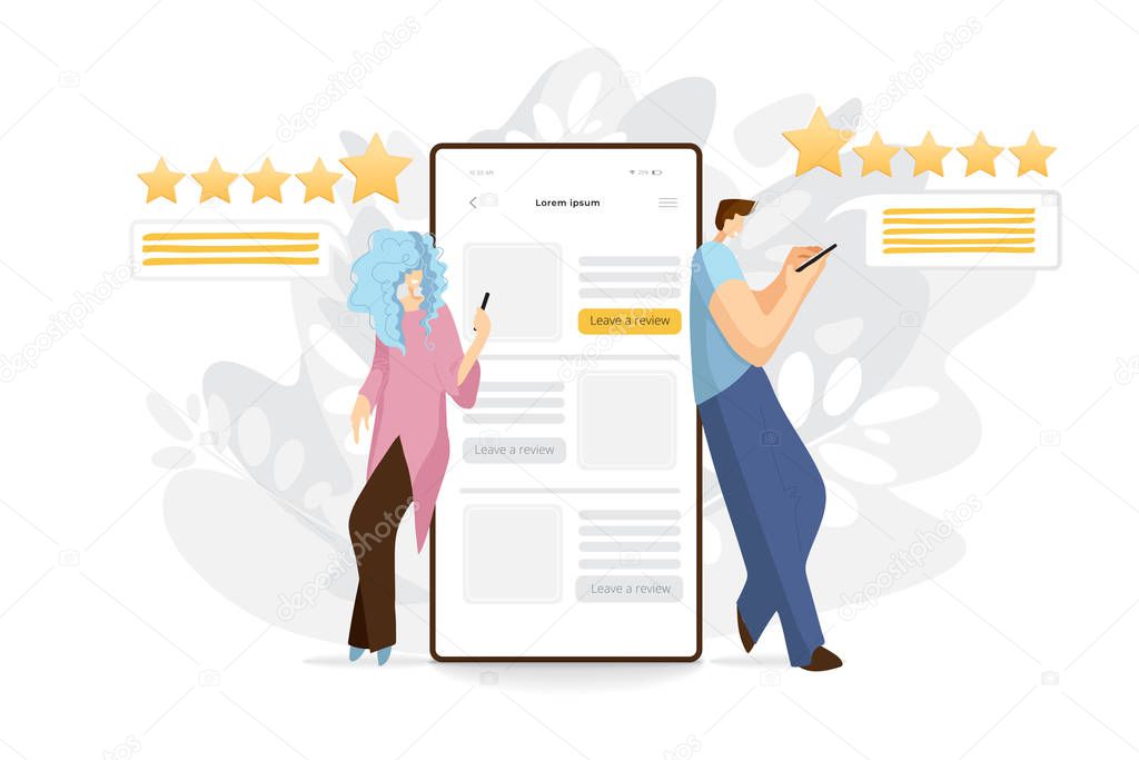 Man and woman standing near by cell phone, smartphone, giving feedback for servise or product. Flat modern illustration, customer service concept, banner for website or app. Feedback illustration