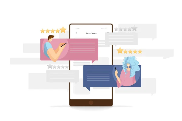 Homem e mulher escrevendo um comentário por telefone celular, smartphone, dando feedback para servise ou produto. Ilustração moderna plana, conceito de atendimento ao cliente, banner para site ou aplicativo. Ilustração de feedback — Vetor de Stock