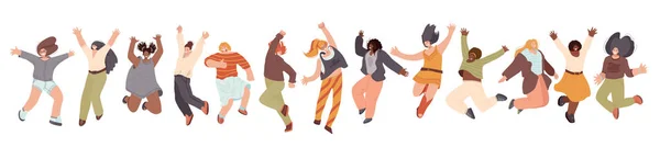 Coleção plana vetorial de Feliz Multirracial Mulher ilustração, dançando e pulando com alegria, alegria, felicidade, isolado em fundo branco. Mulher de raça diferente, unidade, franqueza e irmandade —  Vetores de Stock