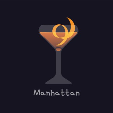 Siyah arka planda izole edilmiş Manhattan alkol kokteylinin vektör çizimi. Martini bardağında turuncu tenli Manhattan. Alkolik menüsü ve restoranlar için çizimler.