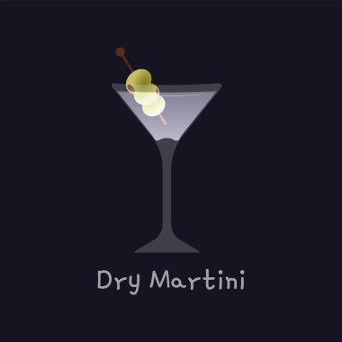 Siyah arka planda yeşil zeytinli alkollü sek martini kokteylinin vektör çizimi. Bar, restoran menüsü için parıldayan martini illüstrasyonu