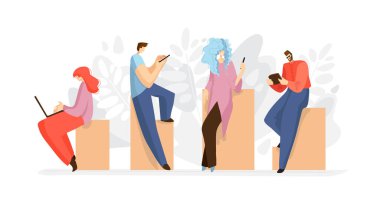 Tabletli, akıllı telefonlu, dizüstü bilgisayarlı, defterli insanlar. Çevrimiçi çalışma konsepti, online iş. İnsanlar beyazı izole internet düz vektör illüstrasyonunu arıyorlar. Çalışan insanlar, düz çizimler.