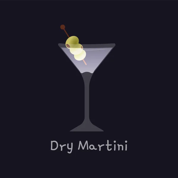 Siyah arka planda yeşil zeytinli alkollü sek martini kokteylinin vektör çizimi. Bar, restoran menüsü için parıldayan martini illüstrasyonu — Stok Vektör