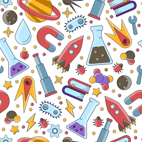 Wissenschaft flache nahtlose Muster mit wissenschaftlichen Elementen - Molekül, Atomstruktur, Rakete, Bücher, Wasser und andere auf einem einfachen Bildungs- und Schule nahtlose Muster. — Stockvektor