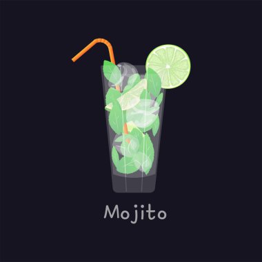 Mojito yaz plajı tazeleyici tropikal kokteyl bardakta soda, limon suyu, nane yaprağı, şeker, buz ve rom, siyah arka planda vektör çizimi. Saman, kireç ve buzlu mojito..