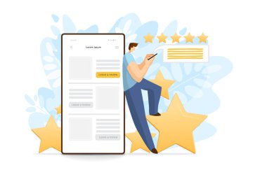 Cep telefonunun yanında duran adam, akıllı telefon, servis ya da ürün için geri bildirim yapıyor. Düz modern illüstrasyon, müşteri hizmetleri konsepti, web sitesi ya da uygulama pankartı. Geri bildirim illüstrasyonu