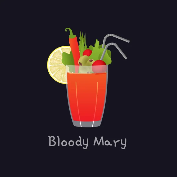 Illustration vectorielle d'un cocktail d'alcool Bloody Mary isolé sur fond noir. Bloody Mary au citron, poivre, paille et légumes verts en verre - illustration pour menu alcoolisé, restaurants — Image vectorielle