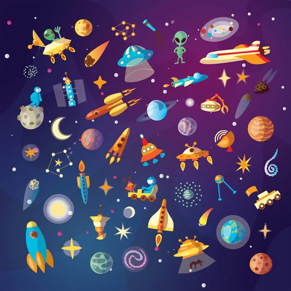 Niedlichen Cartoon-Weltraumforscher, Astronomie-Wissenschaft und Ufo-Vektor-Set. Mond-Rover, Planeten, Raketen, Weltraumobjekte und Außerirdische auf Kosmos-Hintergrund. Weltraumforscher-Kollektion für Kinder — Stockvektor