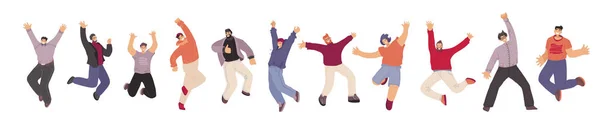 Vektor platt samling av Happy Man illustration, dans och hoppa med glädje, jubel, lycka, isolerad på vit bakgrund. Glada människor, enhet, broderskap och broderskap. — Stock vektor