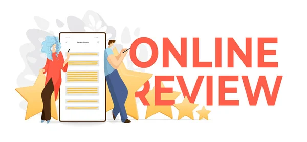 Feedback, survey vector flat concept with people, man and woman sitting on big rating stars, writing reviews and making comments about service or product. Rate Evaluation and testimonial, customer — 스톡 벡터