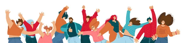 Gruppe glücklicher Menschen, die auf weißem Hintergrund springen. Junge fröhliche hüpfende und tanzende Menschen mit erhobenen Händen. Glück, Freiheit, Bewegung und Motivationskonzept — Stockvektor