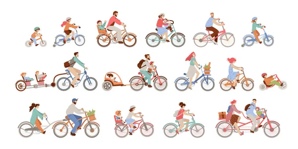 Männer, Frauen und Kinder auf Fahrrädern unterschiedlicher Art - City, BMX, Hybrid, Chopper, Cruiser, Festgetriebe, Laufrad, Co-Pilot-Anhänger und Anhänger für Kinder. Aktiver Familienurlaub. — Stockvektor