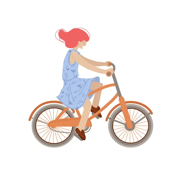 Gadis manis naik sepeda kota. Smiling happy woman on a bicycle, vector illustration, doing summer sport activity, isolated on white background - Stok Vektor