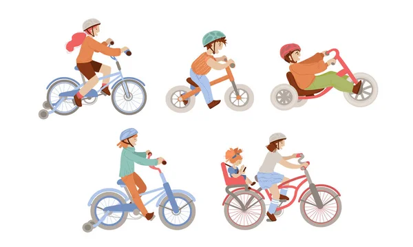 Set of children riding bicycles of different types - city, 4 wheel, balance bike and bmx bicycle with Child Seat, Baby Carrier Seat. Kids doing summer sport activities on bikes. — Stock Vector