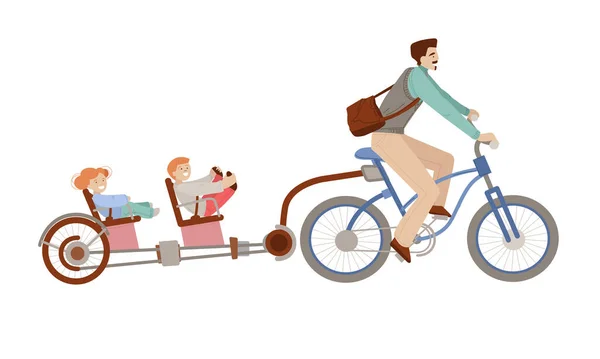 Ayah yang bahagia mengendarai sepeda dengan dua anak di trailer Child Bike. Keluarga bahagia di atas sepeda, pria dan anak-anak - gambar kartun vektor, terisolasi di latar belakang putih - Stok Vektor