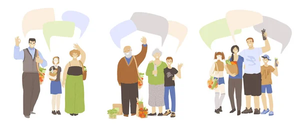 Vektor rajzfilm lapos illusztrációja boldog családok, integető kezét, mutatja Ok jel, gazdaság nulla hulladék termékek kezében beszéd buborékok felett. Zéró hulladék ökológia és mentse bolygó család koncepció. — Stock Vector