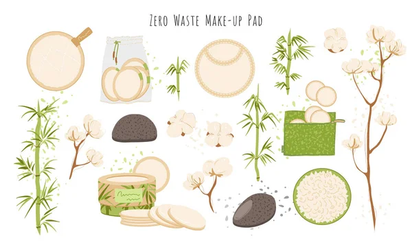 Organic Zero Waste Reusable Makeup Remover Pads vector set, Washable Eco-friendly Natural Bamboo Cotton Rounds. Možné čisticí prostředky na obličej pro odstranění make-upu, ilustrace otírání obličeje — Stockový vektor