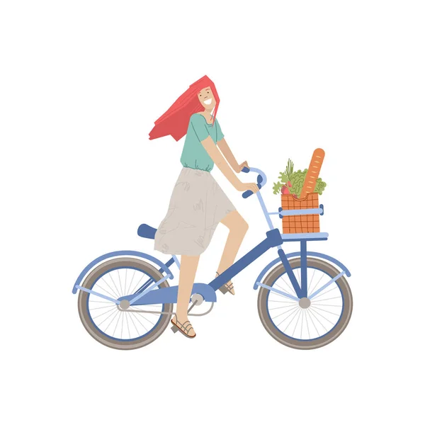 Menina bonito andar de bicicleta da cidade com cesta de produto, cheio de pão, comida verde, legumes. Sorrindo menina feliz em uma bicicleta, ilustração vetorial, andando de loja de alimentos, fazendo atividade esportiva de verão . —  Vetores de Stock