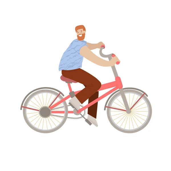 Feliz hombre hipster montar una bicicleta de la ciudad, sonriendo joven feliz en una bicicleta, ilustración vectorial, haciendo actividad deportiva de verano de la ciudad . — Vector de stock