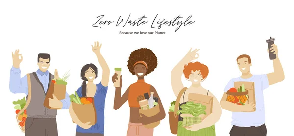 Group of happy joyful multiracial people holding zero waste ecological recycle and reduce products, waving hands, showing OK sign. Zero Waste Lifestyle concept with eco friendly people — 스톡 벡터