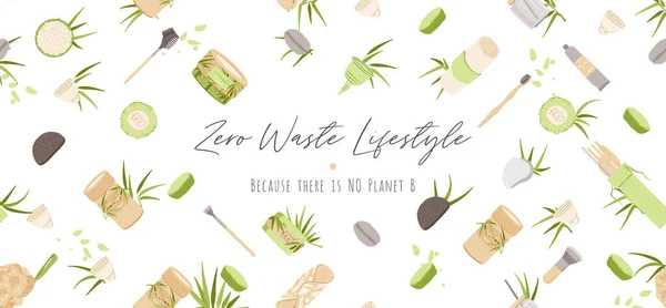 Zero Waste Vector Konzept Illustration im minimalistischen Stil, mit wiederverwendbaren und recycelten Zero Waste Produkten - Schönheit, Küche, Körperpflege und Hygiene für umweltfreundliche Werbung — Stockvektor