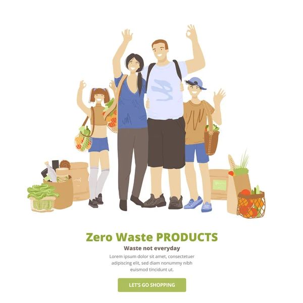 Vector illustration of happy cheerful family of man, woman and two kids, hugging, waving hands, showing OK sign and holding Zero Waste Ecological Products in reusable bags. Eco family concept — 스톡 벡터