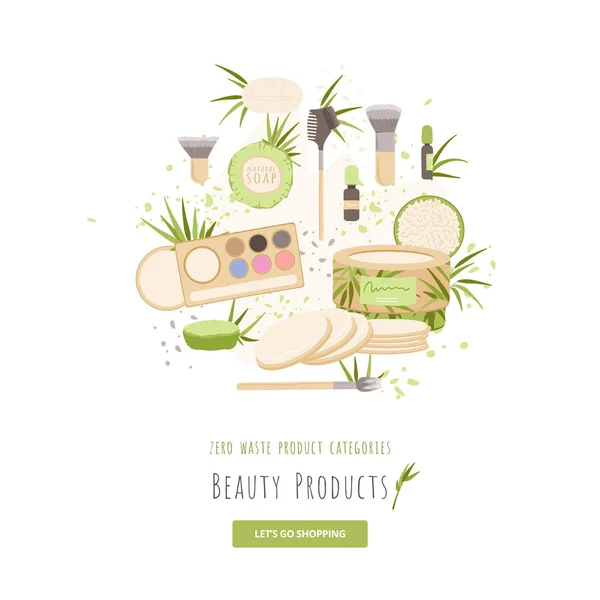 Vector set of beauty and hygiene Zero Waste Products for product Category illustration. Brush, natural soap, organic package, menstrual cloths, pads and makeup accessories with bamboo, cotton. — 스톡 벡터