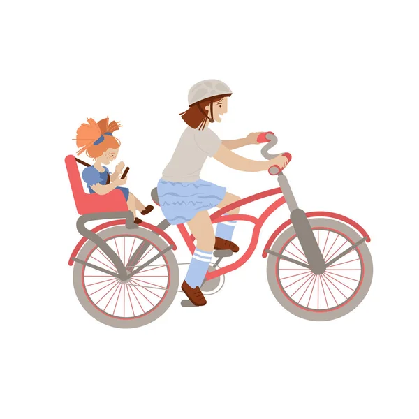 Jolie pré-adolescente ou adolescente en vélo avec petite fille sur le dos Siège de vélo pour enfant, siège de porte-bébé. Deux filles, Enfants à vélo illustration vectorielle de dessin animé, isolé sur fond blanc — Image vectorielle