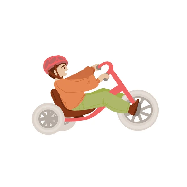 Little boy on Sport Baby Balance Bike, First baby Bike Bicycle vector cartoon illustration, Safe Riding Toy for 1-3 Year Old kids. Boy riging Baby Bike, isolated on white background. — Stock Vector