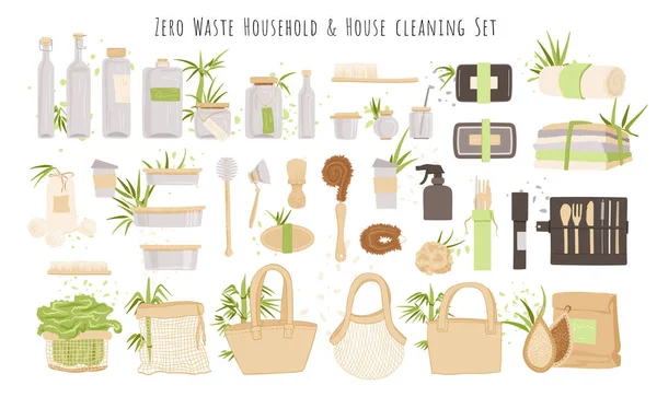 Vector set of kitchen, household and house cleaning Zero Waste Products. Lunch box, glass package, reusable bags, cutlery and householding brushes with bamboo, cotton decoratives. Ecology set. — Stock Vector