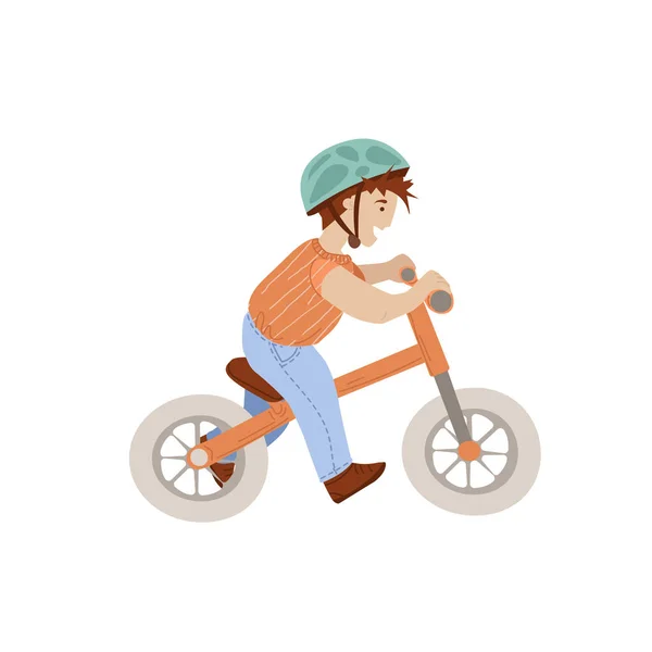 Petit garçon sur Sport Baby Balance Bike, Première illustration vectorielle de dessin animé de vélo de bébé, Jouet d'équitation sûr pour les enfants de 1 à 3 ans. Garçon gréement bébé vélo, isolé sur fond blanc . — Image vectorielle