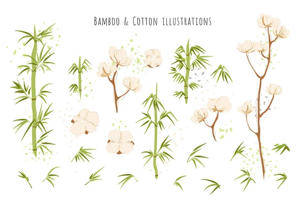 Souris textiles écologiques et écologiques - brunchs et fleurs de coton, tiges de bambou avec des compositions de feuilles isolées sur fond blanc. Ensemble vecteur en bambou et coton — Image vectorielle