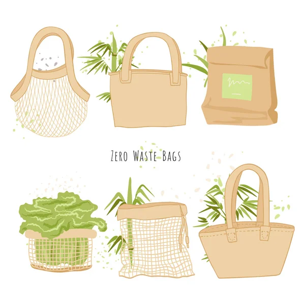 Set van geïsoleerde Eco zakken in de hand trekken cartoon styl met bamboe decoraties. Ecologie Milieu inzameling van boodschappentassen, afvalvrije zakken en Stop plastic vervuilingsconcept. — Stockvector